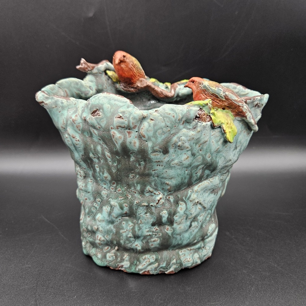 Studio Art Pottery Rustic Brutalist Tree Bark Red Birds Ceramic Vase Planter